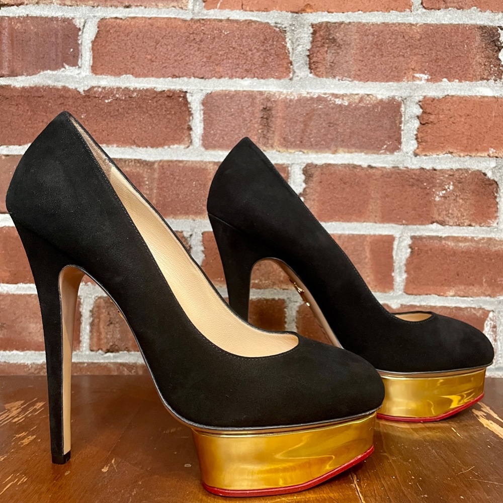 NEW Charlotte Olympia Dolly Pumps Black Suede Gold Leather Heels Stilettos Shoes